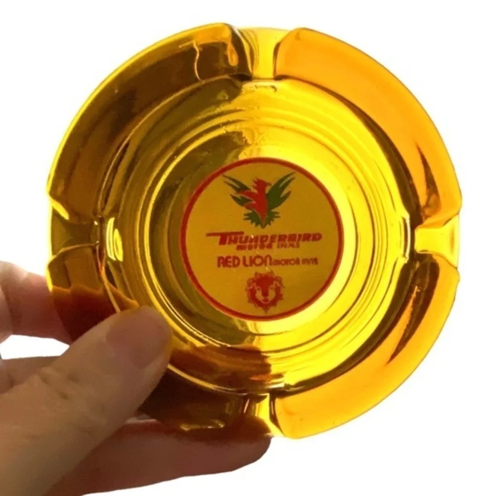 Vintage Advertising Thunderbird Red Lion Ashtray Golden Amber Glass Red Green